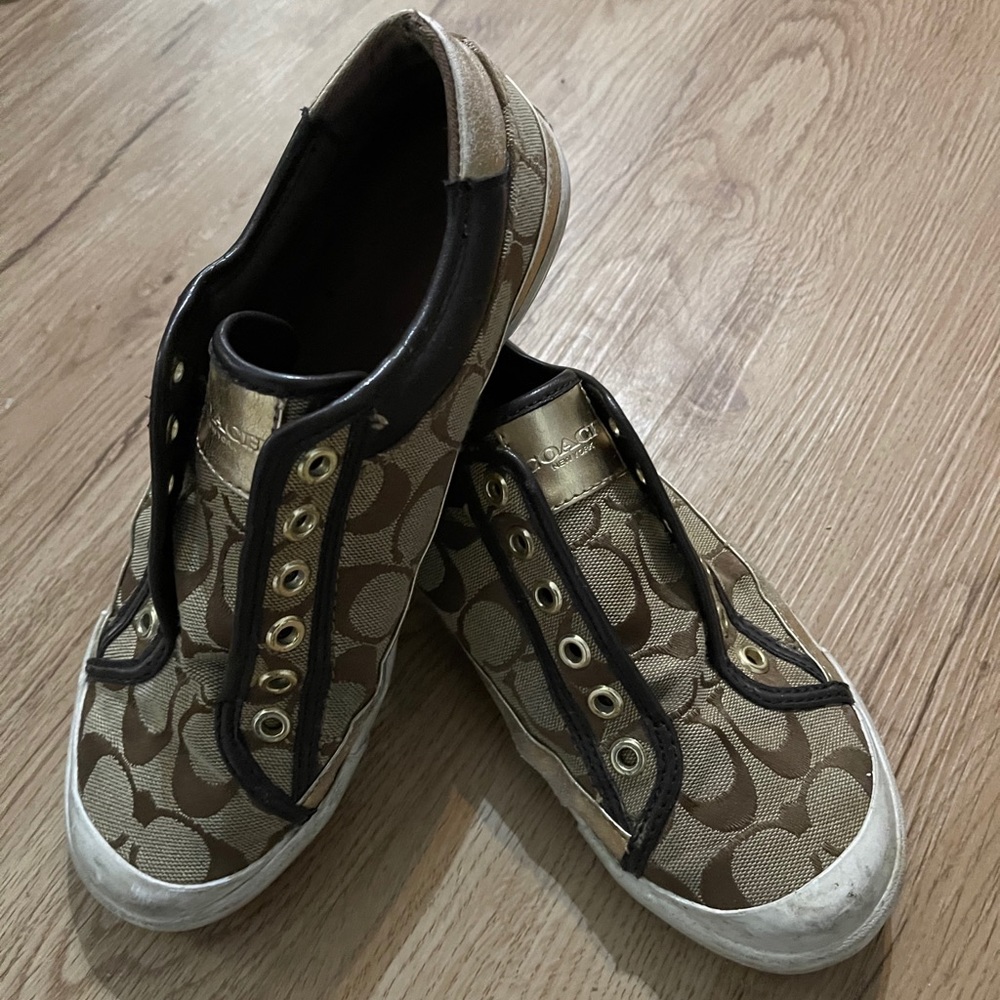 Coach tan and gold initial slip on sneakers